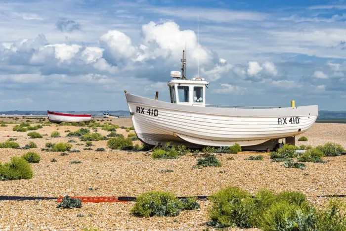 Framed Print : Fishing boats on Dungeness shingle beach, Kent, England Framed Print : Fishing boats on Dungeness shingle beach, Kent, England