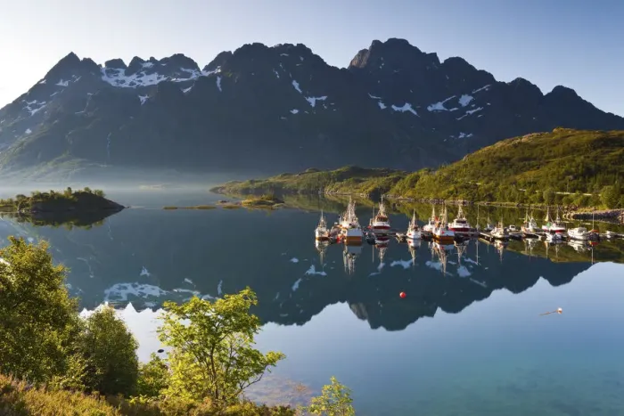 Framed Print : Fishing Boats in fjord, Austnesfjorden, Vagan, Lofoten, Nordland, Norway