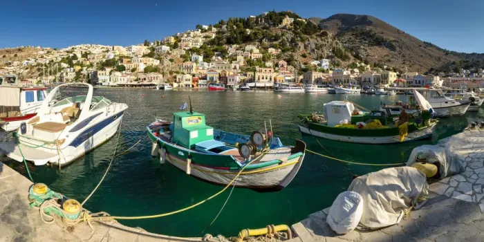 Framed Print : Fishing Boats in Gialos Harbour, Symi Island, Dodecanese Islands, Greece Framed Print : Fishing Boats in Gialos Harbour, Symi Island, Dodecanese Islands, Greece