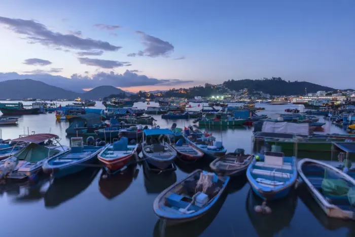Framed Print : Fishing boats in harbour at sunset, Cheung Chau, Hong Kong Framed Print : Fishing boats in harbour at sunset, Cheung Chau, Hong Kong