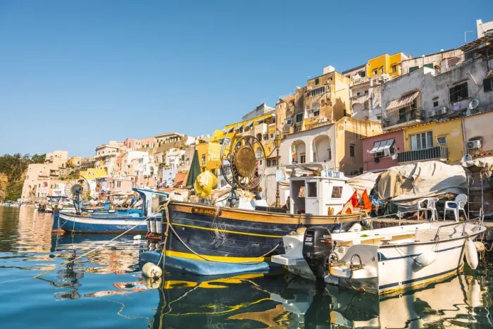 Framed Print : Fishing boats in Marina Corricella, Procida island, Gulf of Naples, Naples province Framed Print : Fishing boats in Marina Corricella, Procida island, Gulf of Naples, Naples province