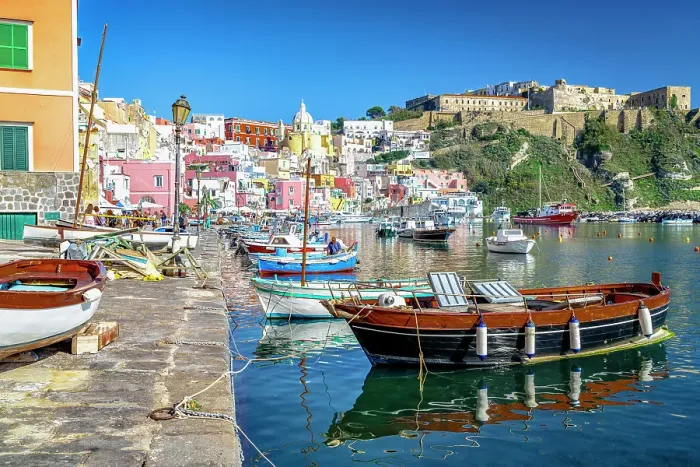 Framed Print : Fishing boats moored in the old harbor, Procida island, Gulf of Naples, Campania, Italy Framed Print : Fishing boats moored in the old harbor, Procida island, Gulf of Naples, Campania, Italy