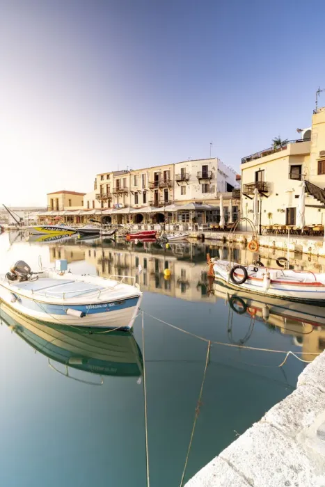 Framed Print : Fishing boats moored in the old Venetian harbour at dawn, Rethymno, Crete island, Greece Framed Print : Fishing boats moored in the old Venetian harbour at dawn, Rethymno, Crete island, Greece