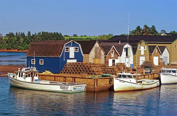 Framed Print : Fishing boats and sheds in coastal village New London, Prince Edward Island, Canada Framed Print : Fishing boats and sheds in coastal village New London, Prince Edward Island, Canada