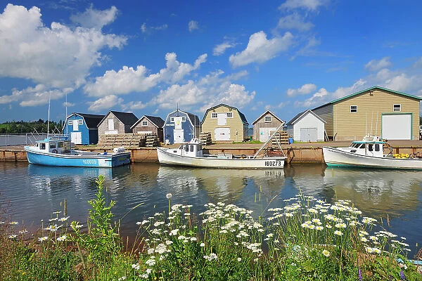 Fishing boats and sheds in coastal village New London, Prince Edward Island, Canada