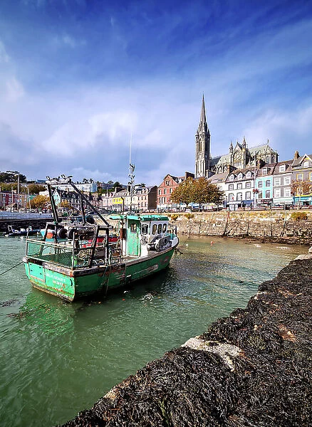Fishing boats at the waterfront and St. Colman's Cathedral, Cobh, County Cork, Ireland