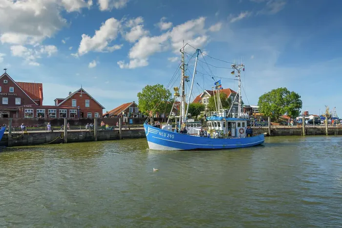 Framed Print : Fishing cutter port in Neuharlingersiel, East Friesland, Lower Saxony, Germany, Europe Framed Print : Fishing cutter port in Neuharlingersiel, East Friesland, Lower Saxony, Germany, Europe