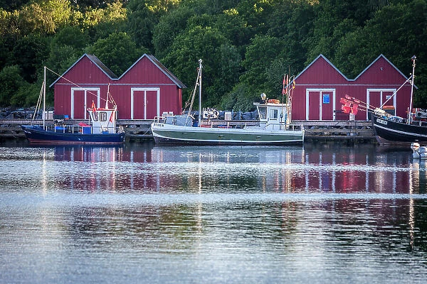 Fishing cutter and red boathouses in Marina Weisse Wiek in Boltenhagen, Mecklenburg-Western Pomerania, Baltic Sea, North Germany, Germany