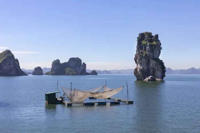 Framed Print : Fishing nets on a raft in front of karst rocks, Halong Bay, Quang Ninh Province Framed Print : Fishing nets on a raft in front of karst rocks, Halong Bay, Quang Ninh Province