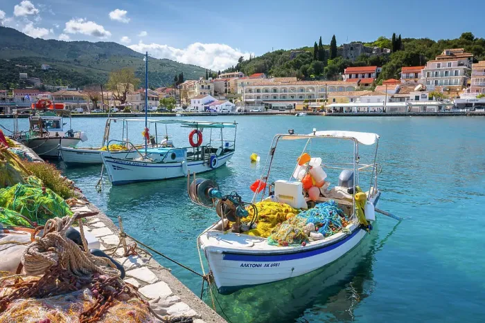Framed Print : Fishing village of Kassiopi, Corfu Island, Ionian Islands, Ionian Sea, Greece