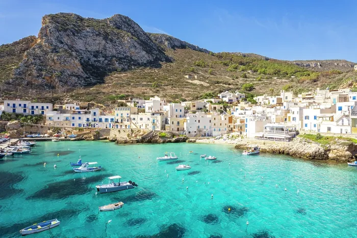 Framed Print : Fishing village of Levanzo and the small harbour with crystalline sea, Levanzo island, Favignana municipality, Trapani, Aegadian islands, Mediterranean Sea, Sicily, Italy