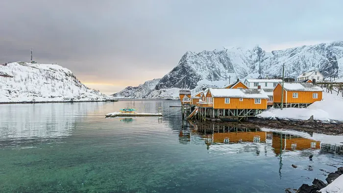 Framed Print : Fishing village of Sakrisoy and snowcapped mountains reflected in the cold turquoise sea, Lofoten Islands, Norway Framed Print : Fishing village of Sakrisoy and snowcapped mountains reflected in the cold turquoise sea, Lofoten Islands, Norway