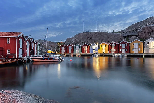 Fishing village of Smogen with traditional colorful buildings by the sea, Smogen, Sotenas municipality, Bohuslan, Vastra Gotaland, Sweden