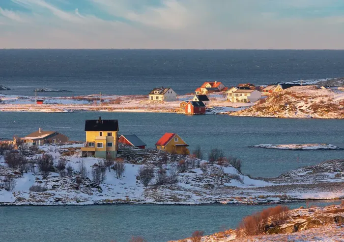 Framed Print : Fishing village of Sommaroy in winter during at sunset, Troms county, Norway Framed Print : Fishing village of Sommaroy in winter during at sunset, Troms county, Norway