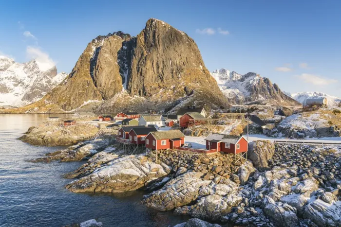 Framed Print : The fishing village with its traditional rorbus in the winter morning