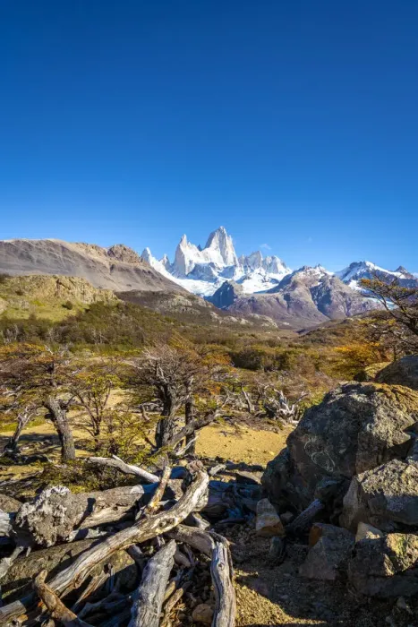 Framed Print : Fitz Roy mountain against sky viewed from trail in autumn, Los Glaciares National Park Framed Print : Fitz Roy mountain against sky viewed from trail in autumn, Los Glaciares National Park
