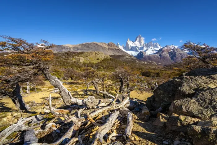 Framed Print : Fitz Roy mountain against sky viewed from trail in autumn, Los Glaciares National Park Framed Print : Fitz Roy mountain against sky viewed from trail in autumn, Los Glaciares National Park