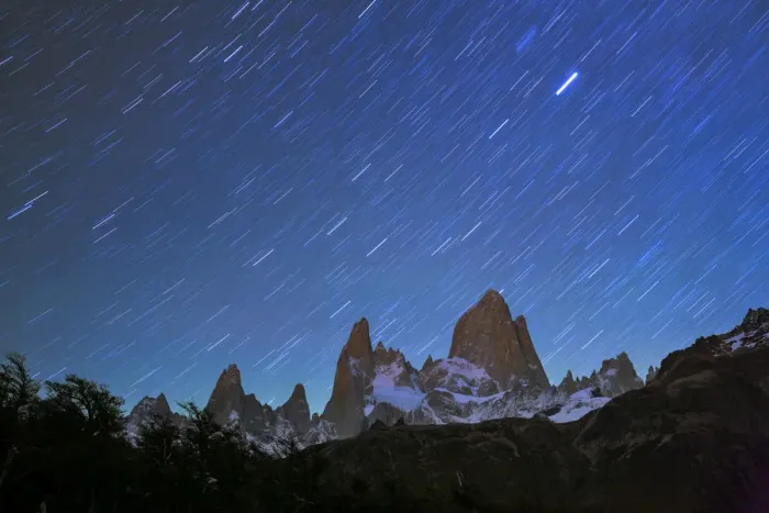 Framed Print : Fitz Roy at night with star trails from Poincenot campground, Los Glaciares National Park Framed Print : Fitz Roy at night with star trails from Poincenot campground, Los Glaciares National Park