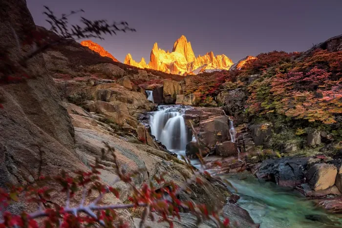 Framed Print : Fitzroy mountain and the Hidden waterfall at sunrise in the Los Glacieres National Park near El Chalten, Patagonia, Argentina Framed Print : Fitzroy mountain and the Hidden waterfall at sunrise in the Los Glacieres National Park near El Chalten, Patagonia, Argentina