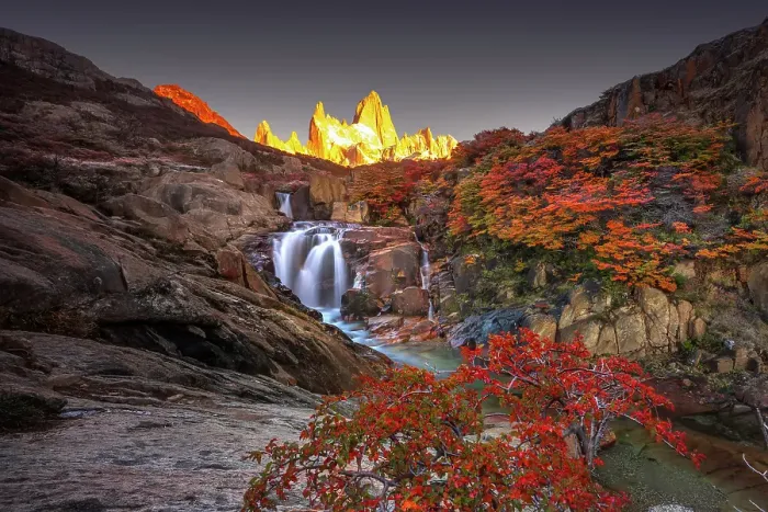Framed Print : Fitzroy mountain and the Hidden waterfall at sunrise in the Los Glacieres National Park near El Chalten, Patagonia, Argentina Framed Print : Fitzroy mountain and the Hidden waterfall at sunrise in the Los Glacieres National Park near El Chalten, Patagonia, Argentina