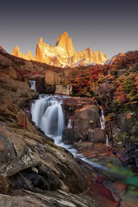 Framed Print : Fitzroy mountain and the Hidden waterfall at sunrise in the Los Glacieres National Park near El Chalten, Patagonia, Argentina Framed Print : Fitzroy mountain and the Hidden waterfall at sunrise in the Los Glacieres National Park near El Chalten, Patagonia, Argentina