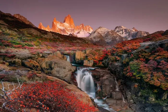 Framed Print : Fitzroy mountain and the Hidden waterfall at sunrise in the Los Glacieres National Park near El Chalten, Patagonia, Argentina Framed Print : Fitzroy mountain and the Hidden waterfall at sunrise in the Los Glacieres National Park near El Chalten, Patagonia, Argentina