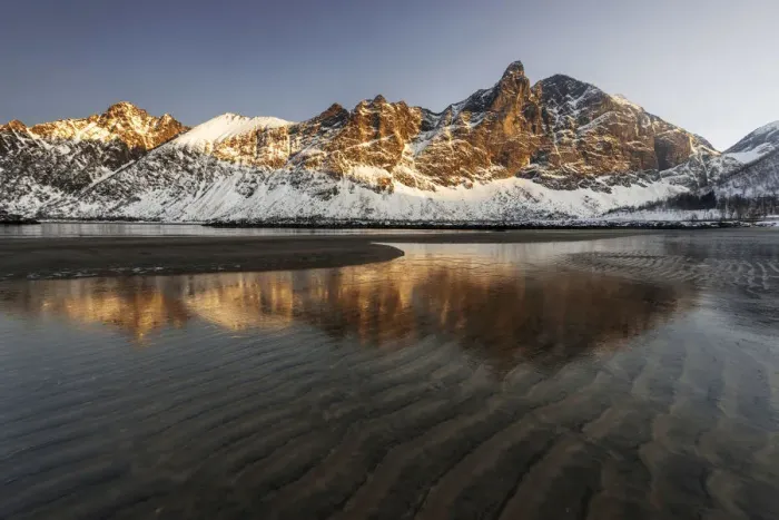 Framed Print : Fjord peaks bathed in morning light in Senja island, Norway