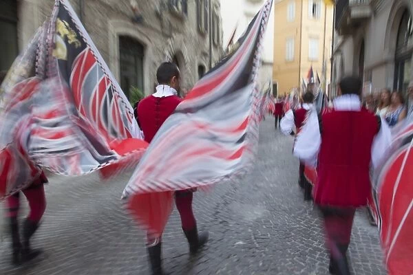 Flag bearers in medieval festival of La Quintana, Ascoli Piceno, Le Marche, Italy