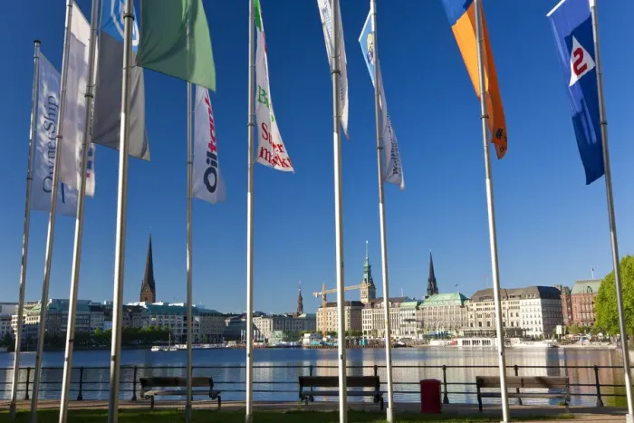 Framed Print : Flags, Binnenalster Lake, Hamburg, Germany Framed Print : Flags, Binnenalster Lake, Hamburg, Germany
