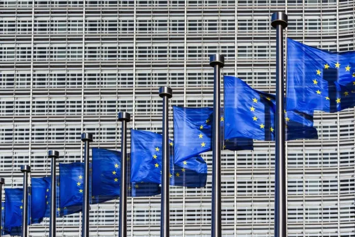 Framed Print : Flags of European Union weaving outside the European Commission building, Brussels Framed Print : Flags of European Union weaving outside the European Commission building, Brussels