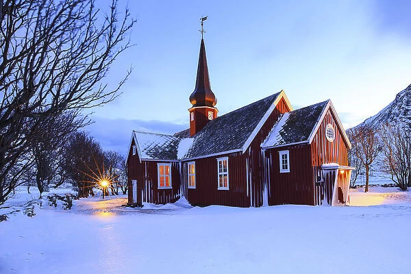 Flakstad church at dusk, Flakstad, Lofoten islands, Norway
