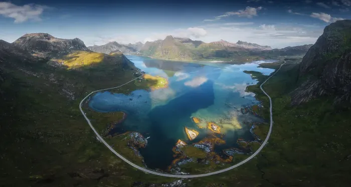 Framed Print : Flakstad fjord on a sunny summer afternoon, showing the beautiful color of the sea. Lofoten Islands, Norway