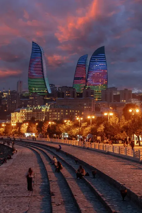 Framed Print : Flame Towers and boulevard at night, Baku, Azerbaijan Framed Print : Flame Towers and boulevard at night, Baku, Azerbaijan
