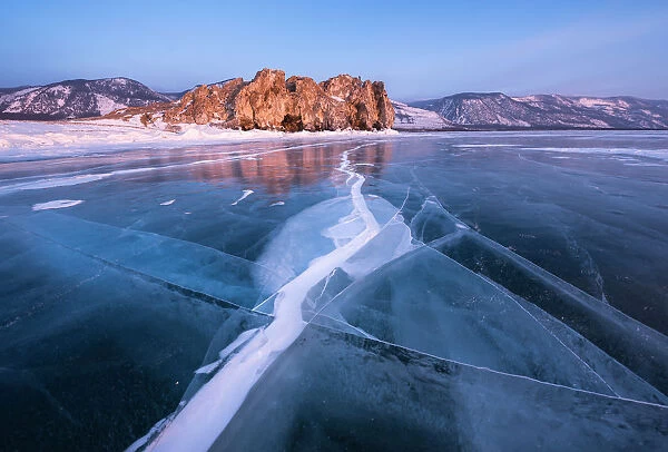 A flat ice with cracks of the lake Baikal, Irkutsk region, Siberia, Russia