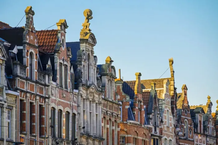 Framed Print : Flemish building facades on Oude Markt, Leuven, Flemish Brabant, Flanders, Belgium