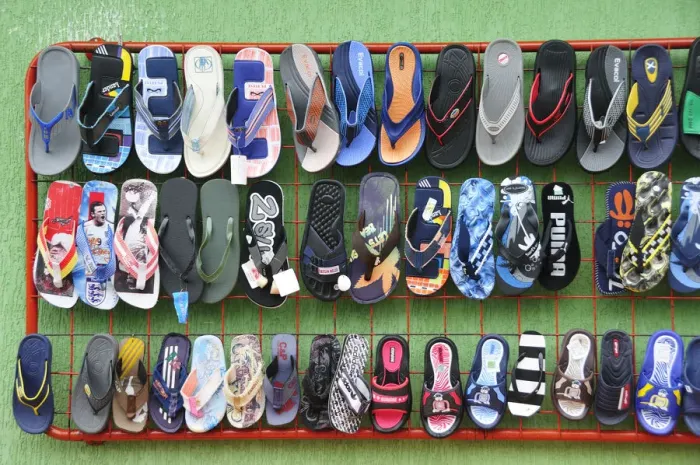 Framed Print : Flip flops for sale at a Indian market in Silvia, Guambiano Indians, Colombia, South Framed Print : Flip flops for sale at a Indian market in Silvia, Guambiano Indians, Colombia, South
