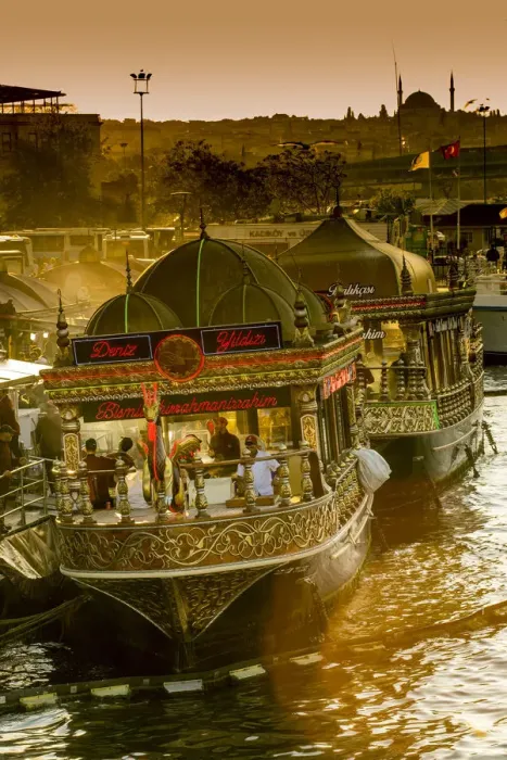Framed Print : Floating restaurants boats near Galata Bridge at sunset, Istanbul, Turkey Framed Print : Floating restaurants boats near Galata Bridge at sunset, Istanbul, Turkey
