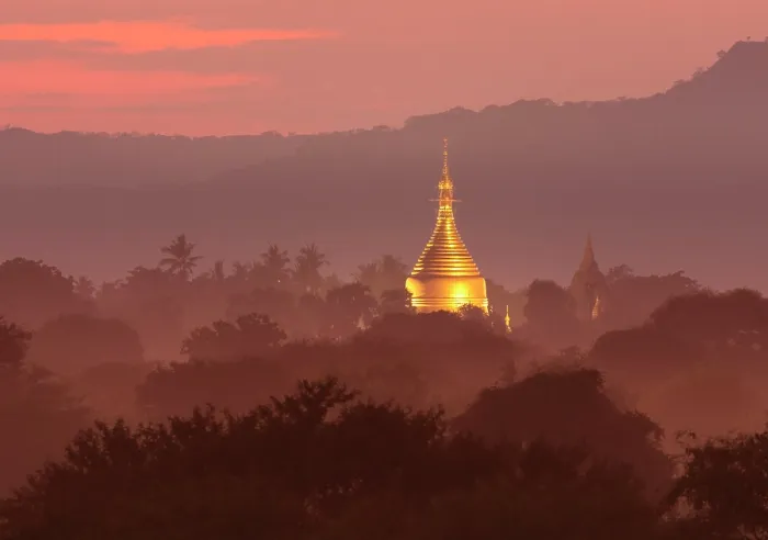 Framed Print : Floodlit pagoda at dusk, Bagan (UNESCO World Heritage Site), Mandalay region, Myanmar (Burma), Asia