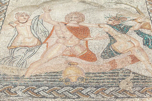 The floor mosaic representiong the abduction of Hylas by nymphs inside the ancient Roman ruins of Volubilis, near Meknes, Morocco