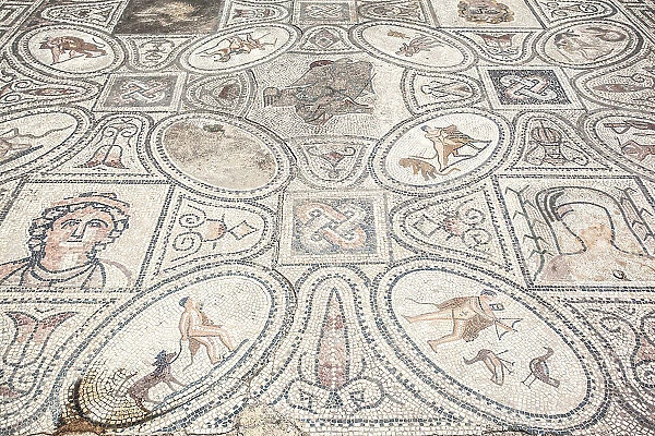 The floor mosaic representiong the 'Exploits of Hercules' in the ancient Roman ruins of Volubilis, near Meknes, Morocco