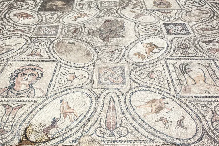 Framed Print : The floor mosaic representiong the Exploits of Hercules in the ancient Roman ruins of Volubilis, near Meknes, Morocco Framed Print : The floor mosaic representiong the Exploits of Hercules in the ancient Roman ruins of Volubilis, near Meknes, Morocco
