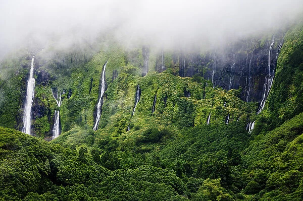 Flores, Azores Islands, Portugal. Poco Ribeira do Ferreiro waterfalls, aerial view