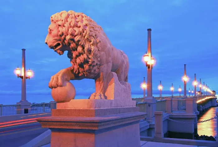 Framed Print : Florida, Saint Augustine, Bridge Of Lions, Marble Medici Lion, 1924, Modeled From The Villa Medici Lions Of Rome, Bridge Crosses The Matanzas River And Connects Downtown Saint Augustine To Anastasia Island