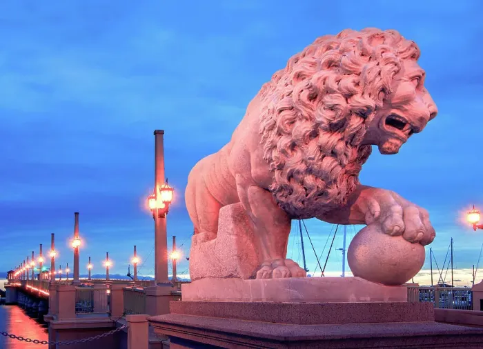 Framed Print : Florida, Saint Augustine, Bridge Of Lions, Marble Medici Lion, 1924, Modeled From The Villa Medici Lions Of Rome, Bridge Crosses The Matanzas River And Connects Downtown Saint Augustine To Anastasia Island