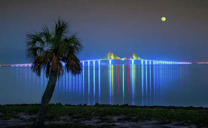 Framed Print : Florida, Saint Petersburg, Fort De Soto Park, Sunshine Skyway Bridge, Gulf Of Mexico, Full Moon