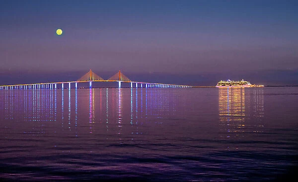 Florida, Saint Petersburg, Fort De Soto Park, Sunshine Skyway Bridge, Cruise Ship, Gulf Of Mexico, Full Moon