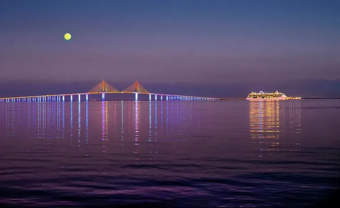 Framed Print : Florida, Saint Petersburg, Fort De Soto Park, Sunshine Skyway Bridge, Cruise Ship, Gulf Of Mexico, Full Moon