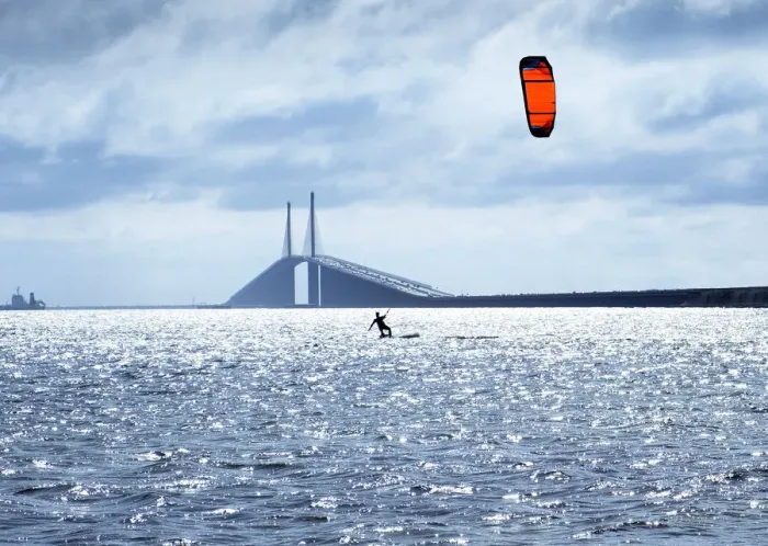Framed Print : Florida, Saint Petersburg, Kitesurfing, Kiteboarding, Tampa Bay, Sunshine Skyway Bridge