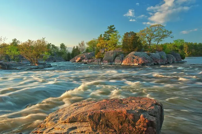 Framed Print : The flow of water narrows between Lovesick Lake and Lower Buckhorn Lake on the west and Stoney Lake to the east creating Burleigh Falls. Kawartha Lakes. Burleigh Falls, Ontario, Canada