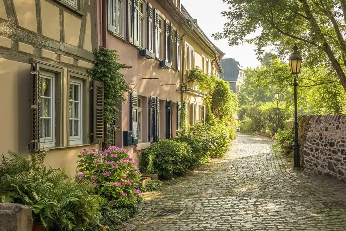 Framed Print : Flower-lined alley in the old town of Frankfurt-Hochst, Frankfurt, Hesse, Germany Framed Print : Flower-lined alley in the old town of Frankfurt-Hochst, Frankfurt, Hesse, Germany